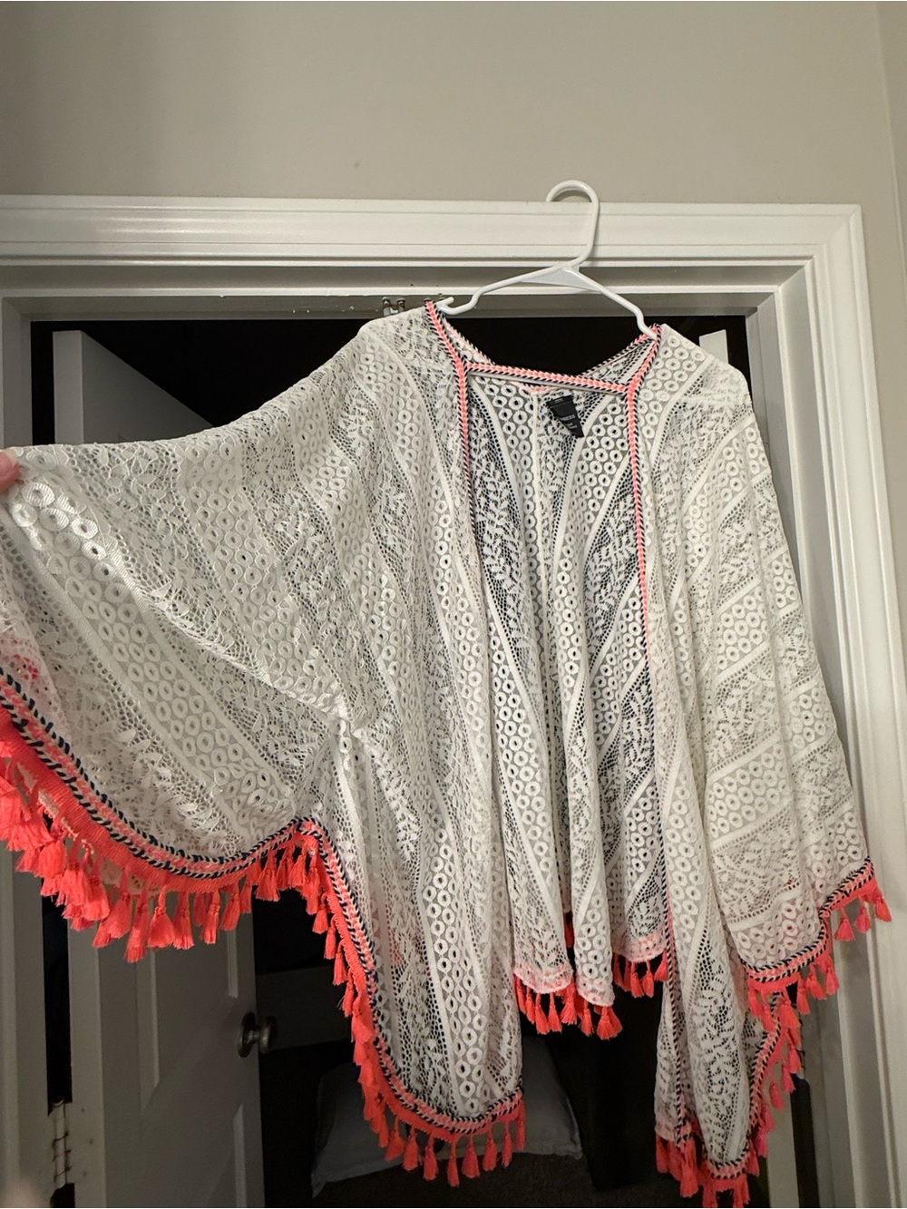 Express White Crochet Swim Coverup Kimono with Coral Tassel Trim